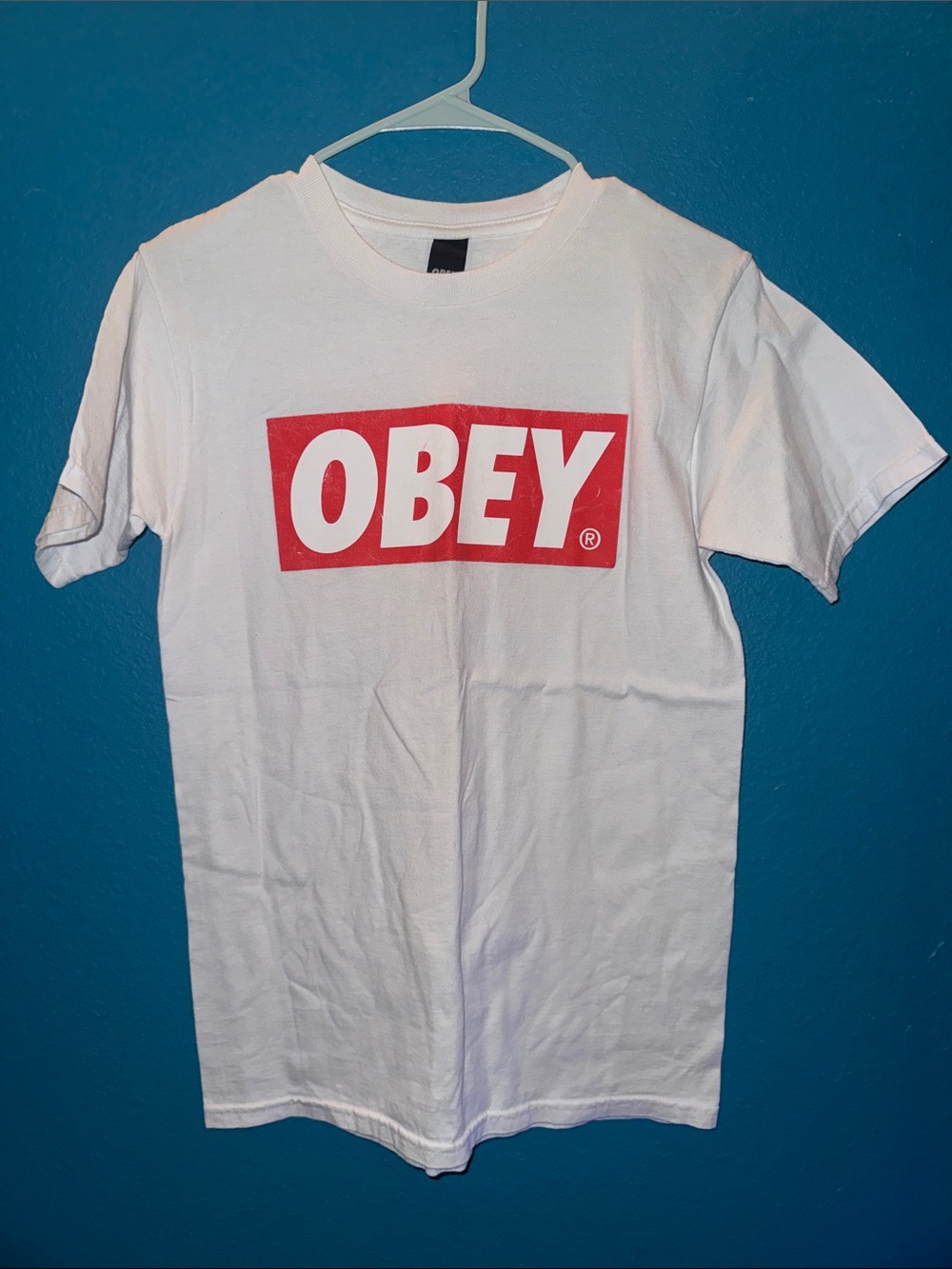 Obey White Short Sleeve Tee with Red Box Logo